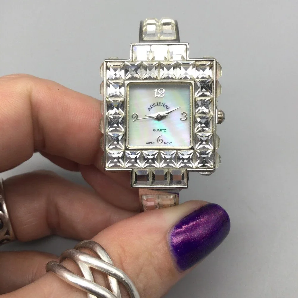 Adrienne Womens Watch 28mm MOP Dial Silver Tone Crystals 73289V New Battery